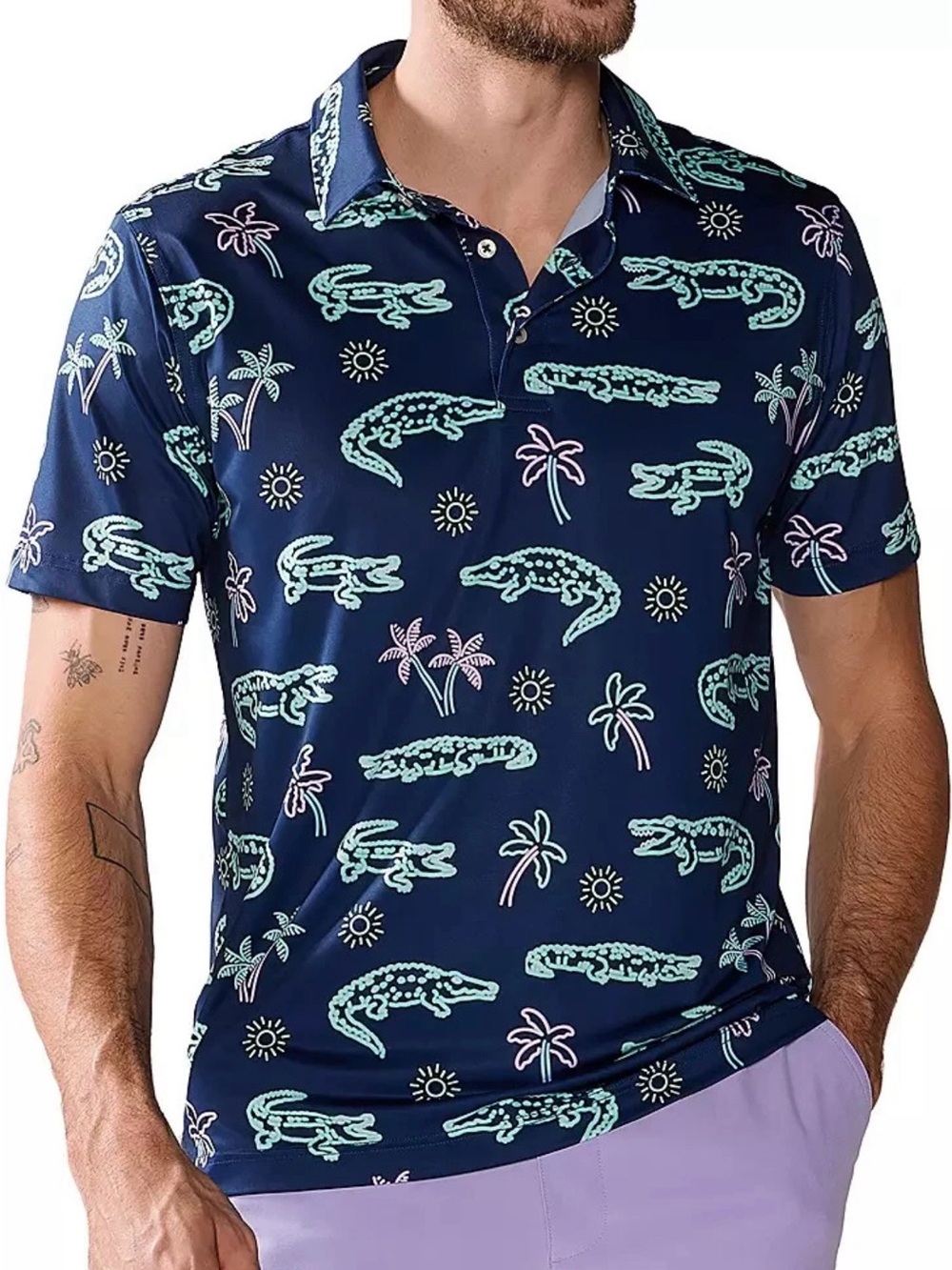CHUBBIES Neon Glades Alligator Performance Golf Polo Shirt Navy Men’s Large NWT
